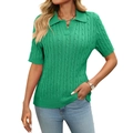 Damen Poloshirt in Smaragdgrün mit Zopfmuster, Kurzarm, V-Ausschnitt und Reverskragen - S / Grün