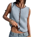Light blue knit vest with dark brown crochet trim and buttons in Y2K style - S / Light Blue