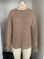 Women's brown ribbed long sleeve knit top with decorative ruffled cuffs and round neck - Brown