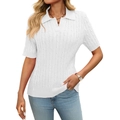 Kurzärmeliger weißer Zopfstrick-Polo-Pullover mit V-Ausschnitt und schmaler Passform - S / Weiß