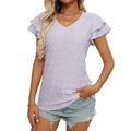 Elegante top lavanda con scollo a V, motivi traforati e maniche con volant - Taglia S / Top / Viola chiaro