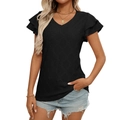 Top nero da donna con scollo a V, trama a diamante traforata e maniche a balze - Taglia S / Top / Nero