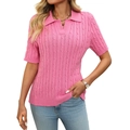 Rosafarbener Kurzarm-Zopfstrick-Polo-Pullover mit V-Ausschnitt in schmaler Passform - S / Rosarot