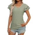 Top a maniche corte con scollo a V verde chiaro da donna con texture traforata e volant - verde pisello