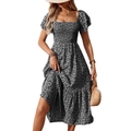 Florales Midikleid mit Karree-Ausschnitt und gerafftem Oberteil für den Sommerurlaub - S / Schwarz