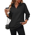 Women's black half-zip fleece sweatshirt with polo collar and ribbed cuffs in casual style - Black