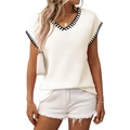 Women's V-neck sleeveless knit vest sweater in cream white with classic striped trim details - S / Off White