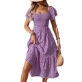 Kurzärmeliges Blumenkleid mit eckigem Ausschnitt und lila gerafftem Oberteil Design - S / Lila