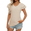 Top da donna con scollo a V, maniche a volant e trama traforata colore albicocca - Taglia S / Top / Albicocca