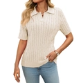 Short sleeve beige cable knit polo sweater with a V-neck lapel for women - S / Apricot