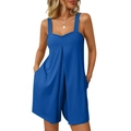 Blue sleeveless loose romper with square neck and pleated chest detail for summer casual wear - S / Dark Blue