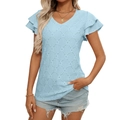 T-shirt da donna celeste con scollo a V, motivo a rombi traforati e maniche a volant - Taglia S / Top / Celeste