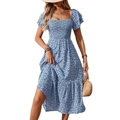 Blaues Sommerkleid mit Blumenmuster, gesmoktem Oberteil und Karree-Ausschnitt - S / Blau