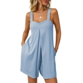 Loose summer romper for women in light blue with wide straps and draped neckline design - S / Light Blue