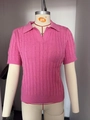 Women's rose pink cable-knit short sleeve polo sweater with V-neck lapel design - S / Rose Red