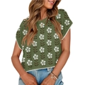 Olive green knit crop top with white floral patterns and cap sleeves for women - S / Green