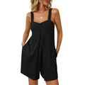 Women's chic black square neck sleeveless romper with pleated detail and side pockets - S / Black