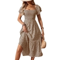 Floral square neck dress with smocked bodice and khaki brown bohemian print - S / Khaki
