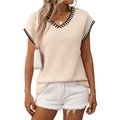 Beige V-neck knitted sweater vest featuring sporty black and white striped trim edges - S / Apricot
