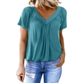 T-shirt da donna a maniche corte con scollo a V e dettagli increspati color ottanio - S / Verde lago scuro