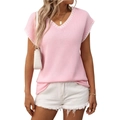 Pink V-neck knit sweater vest with white stripe trim and cap sleeves for women - S / Pink