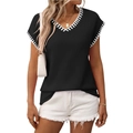 Women's black V-neck knitted vest with striped trim and waffle texture fabric - S / Black