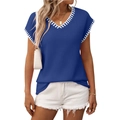 Navy blue V-neck knit vest featuring contrast striped trim and sleeveless casual fit - Sapphire Blue
