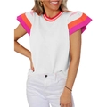 Women's white knit top with round neck and colorful contrast ruffle short sleeves - S / White