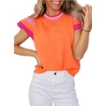 Vibrant orange short sleeve knit sweater with colorful contrast striped crew neck for women - S / Orange