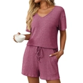 Conjunto de verano para mujer en punto acanalado con top de manga corta en V y pantalones - S / Rosa Rojo