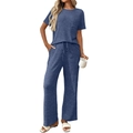 Two-piece ribbed lounge set with short sleeve pocket top and drawstring wide leg pants - S / Blue