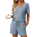 Conjunto de pijama de 2 piezas de punto acanalado con top de manga corta y pantalones cortos - S / Azul claro
