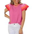 Pink knit short sleeve top with ruffled collar and vibrant contrast color stripes - S / Rose Red