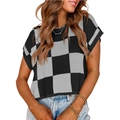 Short sleeve checkerboard knit crop sweater with crew neck and ribbed trim detail - S / Tops / Black
