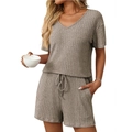 Ensemble de détente femme en maille côtelée avec haut col V et short à cordon - S / Haut Et Bas / Kaki