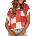 Colorful checkerboard knit crop top with cap sleeves and vibrant multi-color block pattern - S / Tops / Rose Red