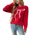 Maglione retrò rosso girocollo a maglia con motivo jacquard a fiocco bianco da donna - S / Rosso