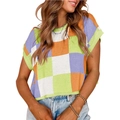 Top corto in maglia a scacchi colorati con maniche corte e girocollo per donna - viola taro