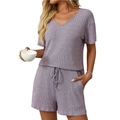 Conjunto de pijama de punto acanalado lavanda con top de cuello en V y shorts de cordón - S / Morado
