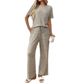Women's grey ribbed knit pajama set with short sleeve top and wide leg pants - S / Khaki