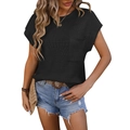 Women's black short sleeve rib knit sweater featuring a crew neck and front pocket detail - S / Black