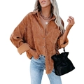 Oversize corduroy long sleeve shirt in caramel brown with chest pocket and button front - Caramel color