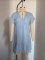 Summer V-neck blue and white gingham loose tiered short sleeve dress for women - S / Light Blue