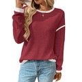 Women's wine red crewneck knit sweater with white contrast trim and long sleeves - Burgundy