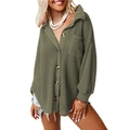 Women's olive green waffle knit shacket with buttons, collar, and front pocket - S / Army Green