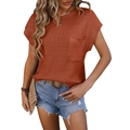 Women's crewneck knit short sleeve top in rust red with a functional front pocket detail - S / Caramel color