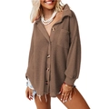 Women's oversized waffle knit brown button-down shirt with long sleeves and lapel collar - Coffee
