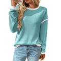 Women's teal waffle knit sweater with white contrast trim and long sleeves for casual wear - Light Lake Blue