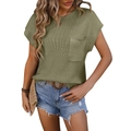 Olive green women's knit top with crew neck and chest pocket decoration - S / Army Green
