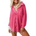 Women's rose pink waffle knit long sleeve shirt with button-down collar and chest pocket - S / Rose Red